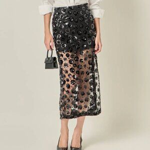 English Factory Flower Sequin Sheer Midi Skirt Black Small
